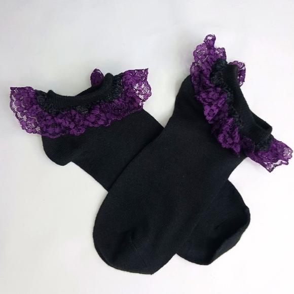 Low Cut Black Socks with Dark Purple Lace. - Picture 1 of 2